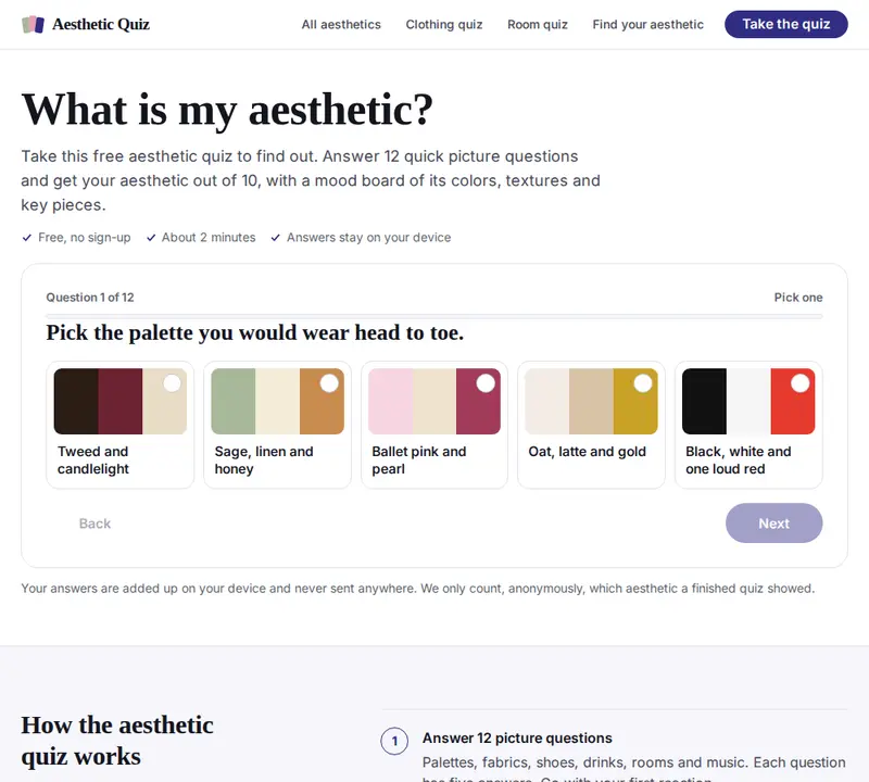 Aesthetic Quiz homepage