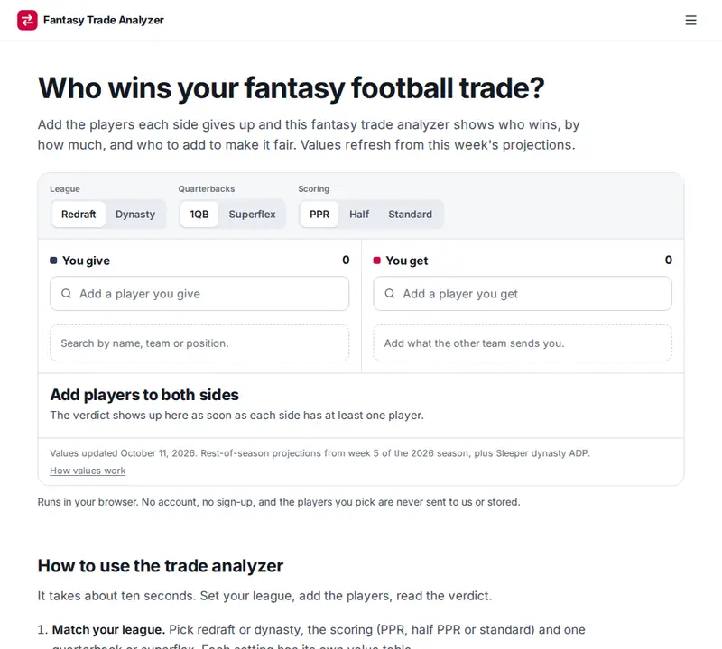 Fantasy Trade Analyzer homepage