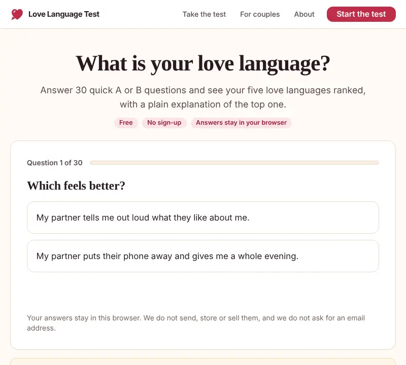 Love Language Test homepage