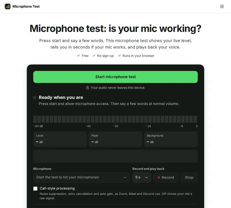 Microphone Test homepage