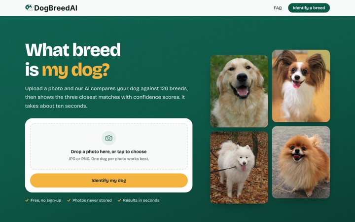 Dog Breed AI homepage: upload a photo and the AI compares your dog against 120 breeds