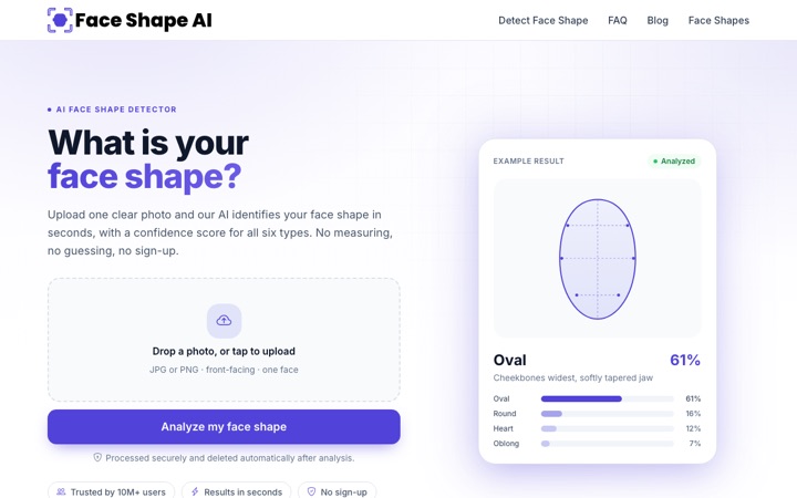 Face Shape AI homepage: upload one photo, get your face shape with confidence scores for all six types
