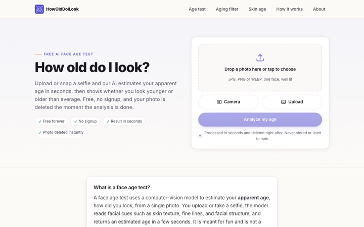 How Old Do I Look homepage: drop a selfie and the AI estimates your apparent age