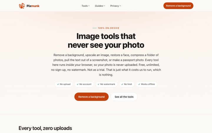 Pixmunk homepage: image tools that never see your photo, every tool runs inside the browser